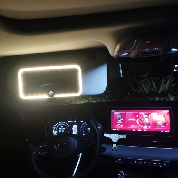 ⁦مرآة مكياج LED ، سطح زجاجي، لمسة نهائية مطلية بالمسحوق، شحن USB، بطارية ليثيوم قابلة لإعادة الشحن، ضوء حاجب شمس محمول للسيارة⁩ - الصورة ⁦6⁩