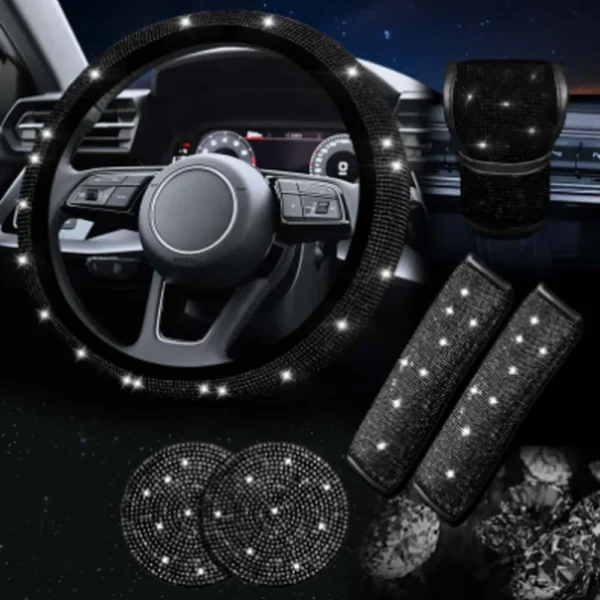 ⁦مجموعة اكسسوارات السيارات للنساء غطاء عجلة القيادة سباركلي حزام الأمان وغيرها غطاء عالمي يناسب معظم السيارات⁩ - الصورة ⁦3⁩