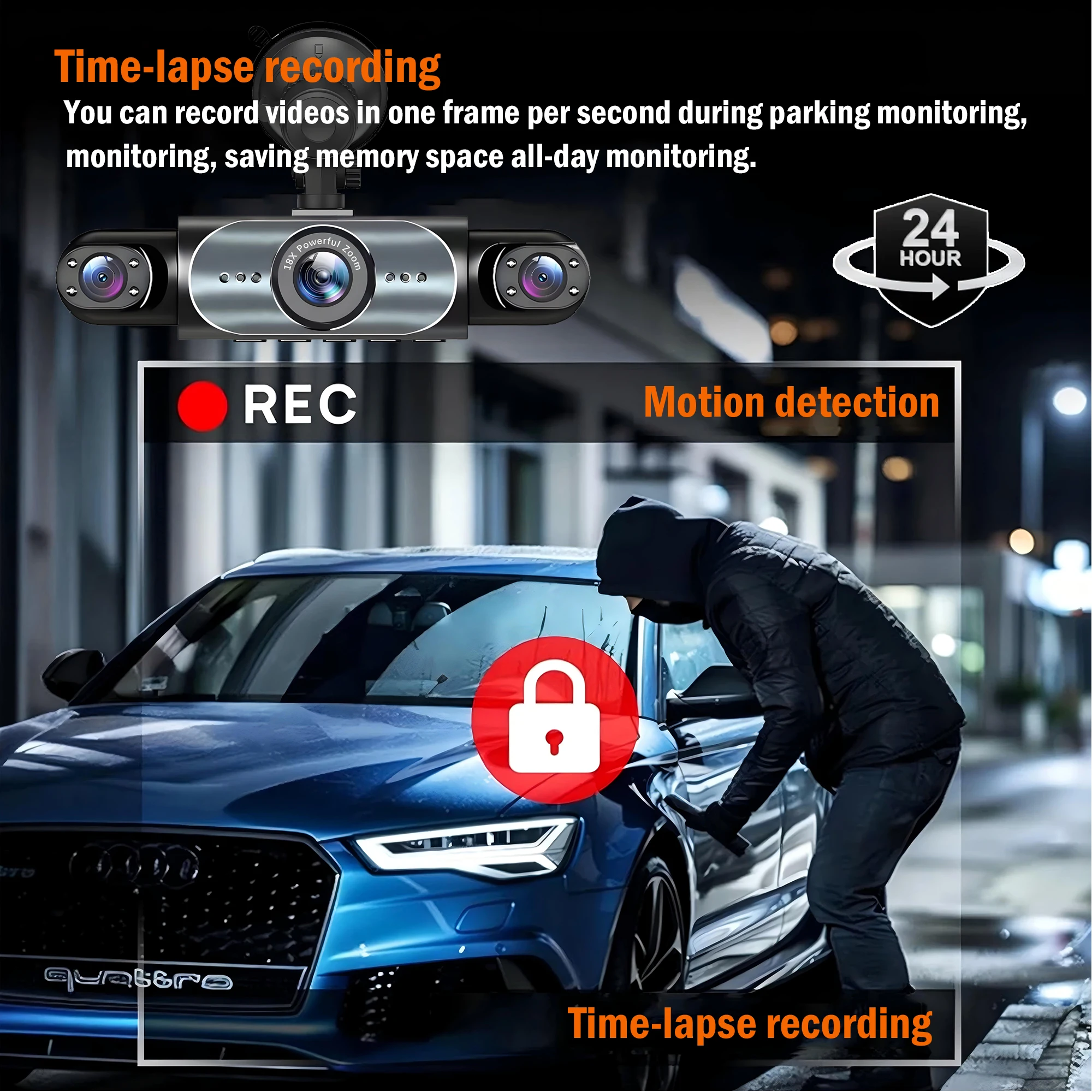 كاميرا داش 4 قنوات 360 ° مسجل فيديو السيارة الصندوق الأسود مع رؤية ليلية 24/7 شاشة ركن السيارة G-Sensor Loop تسجيل - الصورة 5